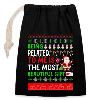 Being Related To Me – Funny Christmas Saying - Closable cotton gift bag (14x20cm) - black - Front