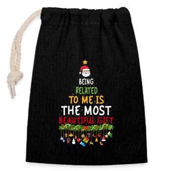 Being Related To Me – Funny Christmas Saying - Closable cotton gift bag (14x20cm) - black - Front