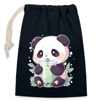 Kawaii Panda trinkt Boba Bubble Tea Chibi - Verschließbarer Geschenkbeutel aus Baumwolle (14x20cm) - Navy - Vorne