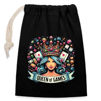 Game Queen: Crown with cards and dice - Closable cotton gift bag (14x20cm) - black - Front