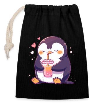Kawaii Pinguin trinkt Boba Bubble Tea Chibi - Verschließbarer Geschenkbeutel aus Baumwolle (14x20cm) - Schwarz - Vorne