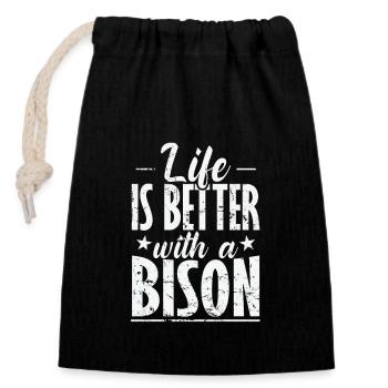 Life is better with a Bison Tier - Verschließbarer Geschenkbeutel aus Baumwolle (14x20cm) - Schwarz - Vorne
