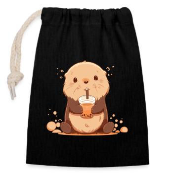 Kawaii Loutre Boissons Boba Bubble Tea Chibi - Sac cadeau en coton avec cordon (14 x 20 cm) - noir - Devant