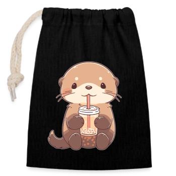 Kawaii Loutre Boissons Boba Bubble Tea Chibi - Sac cadeau en coton avec cordon (14 x 20 cm) - noir - Devant