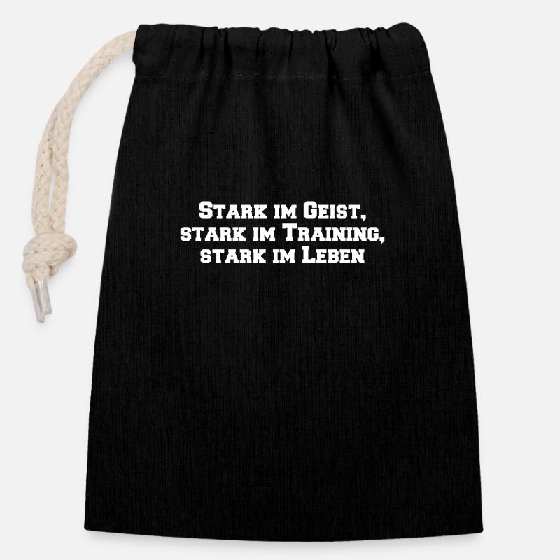 Fitness - Stark im Geist, stark im Training, - Verschließbarer Geschenkbeutel aus Baumwolle (14x20cm) - Schwarz