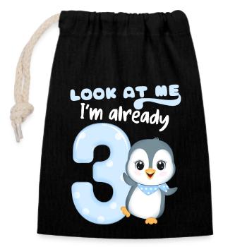 3rd Kids Birthday, 3 Year Old, Kawaii Penguin - Closable cotton gift bag (14x20cm) - black - Front