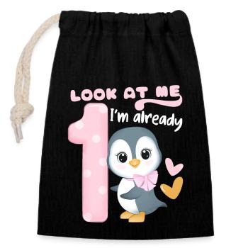 1st Kids Birthday, 1 Year Old, Kawaii Penguin - Closable cotton gift bag (14x20cm) - black - Front