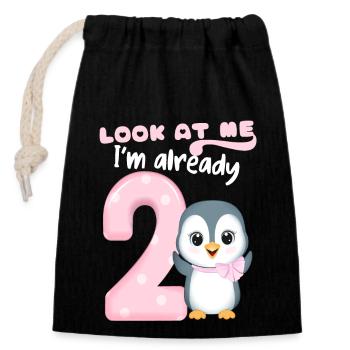 2nd Kids Birthday, 2 Years Old, Kawaii Penguin - Closable cotton gift bag (14x20cm) - black - Front