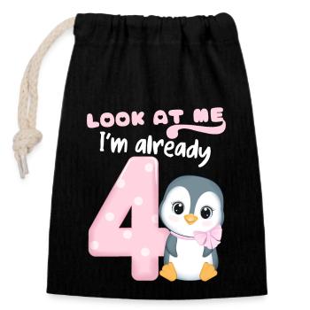4th Kids Birthday, 4 Year Old, Kawaii Penguin - Closable cotton gift bag (14x20cm) - black - Front