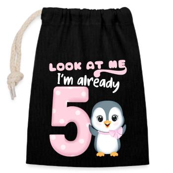 5th Children's Birthday Party, 5 Years Old, Kawaii Penguin - Closable cotton gift bag (14x20cm) - black - Front