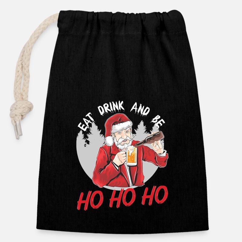 hohoho Manger et boire le Père Noël - Sac cadeau en coton avec cordon (14 x 20 cm) - noir