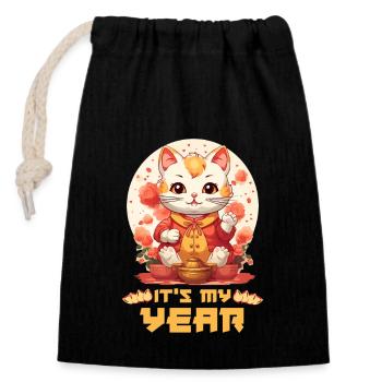 Nouvel An chinois chat chanceux je suis juste ici pour le - Sac cadeau en coton avec cordon (14 x 20 cm) - noir - Devant