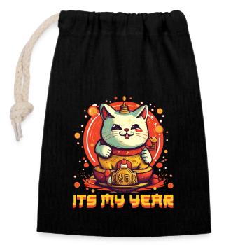 Joyeux Nouvel An Chinois 2024 Chat Porte-bonheur Matching - Sac cadeau en coton avec cordon (14 x 20 cm) - noir - Devant