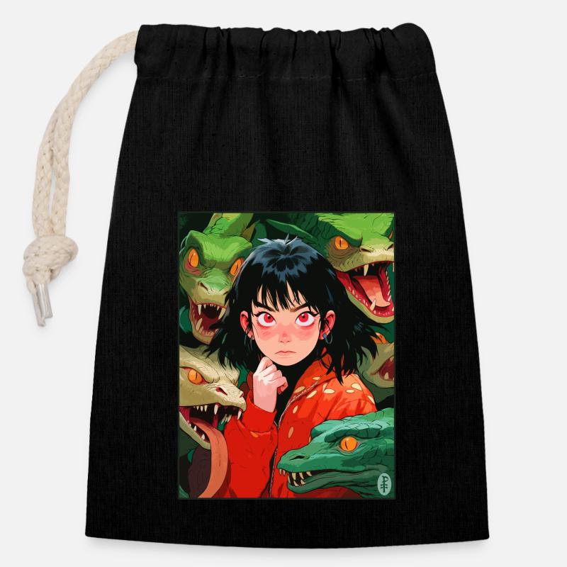 Filles d’anime et serpents - Sac cadeau en coton avec cordon (14 x 20 cm) - noir