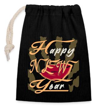 Happy New Year - Retro - Rote Lippen - Verschließbarer Geschenkbeutel aus Baumwolle (14x20cm) - Schwarz - Vorne