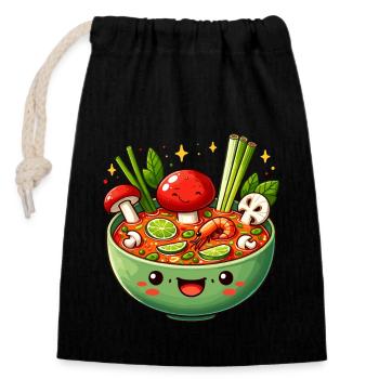 Kawaii Tom Yum Soup Bowl Illustration for Thai - Closable cotton gift bag (14x20cm) - black - Front