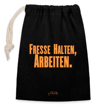Fresse halten, Arbeiten - Verschließbarer Geschenkbeutel aus Baumwolle (14x20cm) - Schwarz - Vorne