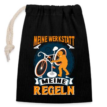 Fahrrad Schrauber - Meine Werkstatt - Meine Regeln - Verschließbarer Geschenkbeutel aus Baumwolle (14x20cm) - Schwarz - Vorne