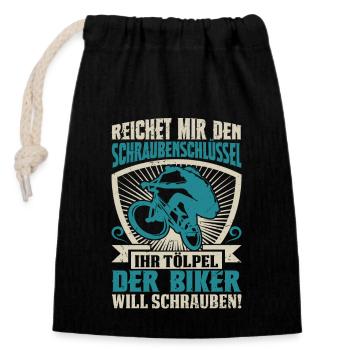 Reichet Mir Den Schraubenschlüssel, Der Biker Will - Verschließbarer Geschenkbeutel aus Baumwolle (14x20cm) - Schwarz - Vorne