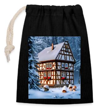Elsässisches Fachwerk-Schneehaus - Verschließbarer Geschenkbeutel aus Baumwolle (14x20cm) - Schwarz - Vorne