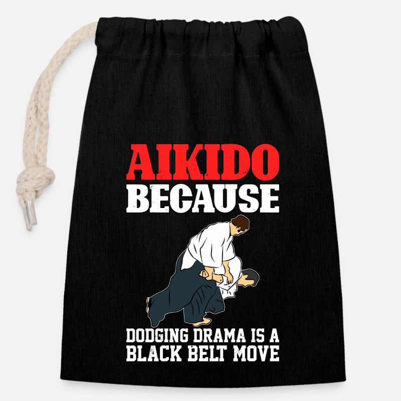 Aikido, weil das Ausweichen von Drama eine Schwarzgurt-Bewegung ist - Verschließbarer Geschenkbeutel aus Baumwolle (14x20cm) - Schwarz