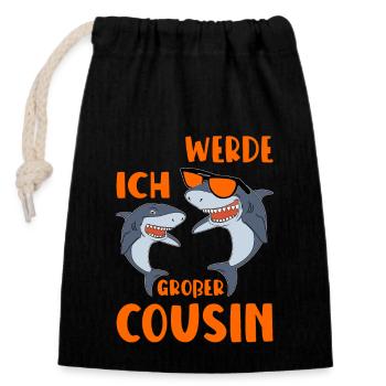 Ich Werde Großer Cousin Hai bald Cousin - Verschließbarer Geschenkbeutel aus Baumwolle (14x20cm) - Schwarz - Vorne