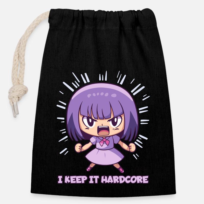 Den "Keep it Hardcore" Anime Girl - Förslutningsbar presentpåse av bomull (14 x 20 cm) - svart