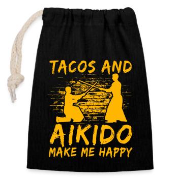 Tacos und Aikido machen mich glücklich - Verschließbarer Geschenkbeutel aus Baumwolle (14x20cm) - Schwarz - Vorne