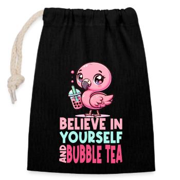 Kawaii Flamingo Bubble Tea Glauben Sie an sich selbst - Verschließbarer Geschenkbeutel aus Baumwolle (14x20cm) - Schwarz - Vorne