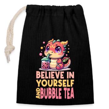 Kawaii Dragon Bubble Tea Boba Asiatisch inspiriert - Verschließbarer Geschenkbeutel aus Baumwolle (14x20cm) - Schwarz - Vorne