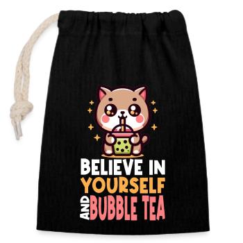 Kawaii Cat Bubble Tea Boba Drink Koreanisch Asiatisch - Verschließbarer Geschenkbeutel aus Baumwolle (14x20cm) - Schwarz - Vorne