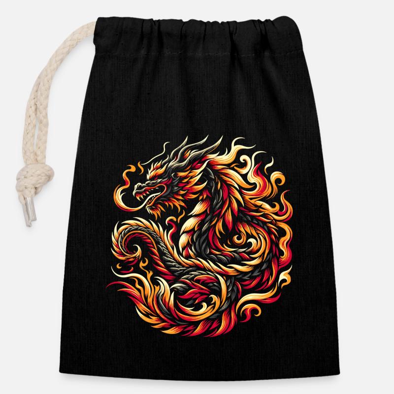 Drachenfeuer Chinesisches Drachen-Tierkreiszeichen - Verschließbarer Geschenkbeutel aus Baumwolle (14x20cm) - Schwarz