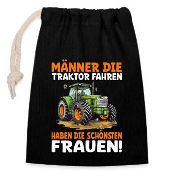 Trecker fahren Landwirte und Bauern Traktor Spruch - Verschließbarer Geschenkbeutel aus Baumwolle (14x20cm) - Schwarz - Vorne