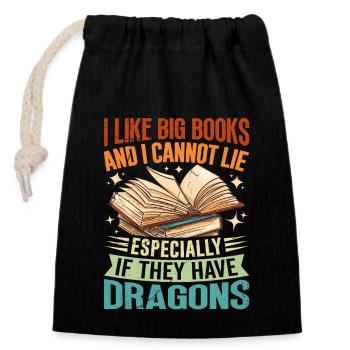 Drachen Buch Spruch - I Like Big Books - Verschließbarer Geschenkbeutel aus Baumwolle (14x20cm) - Schwarz - Vorne
