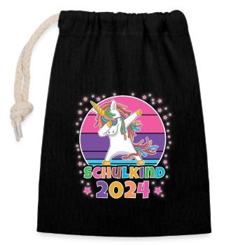 Schulkind 2024 Unicorn Stars - Verschließbarer Geschenkbeutel aus Baumwolle (14x20cm) - Schwarz - Vorne