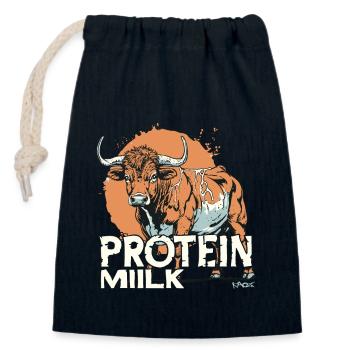 Vache de dessin animé avec le texte : Lait protéiné - Sac cadeau en coton avec cordon (14 x 20 cm) - bleu marine - Devant