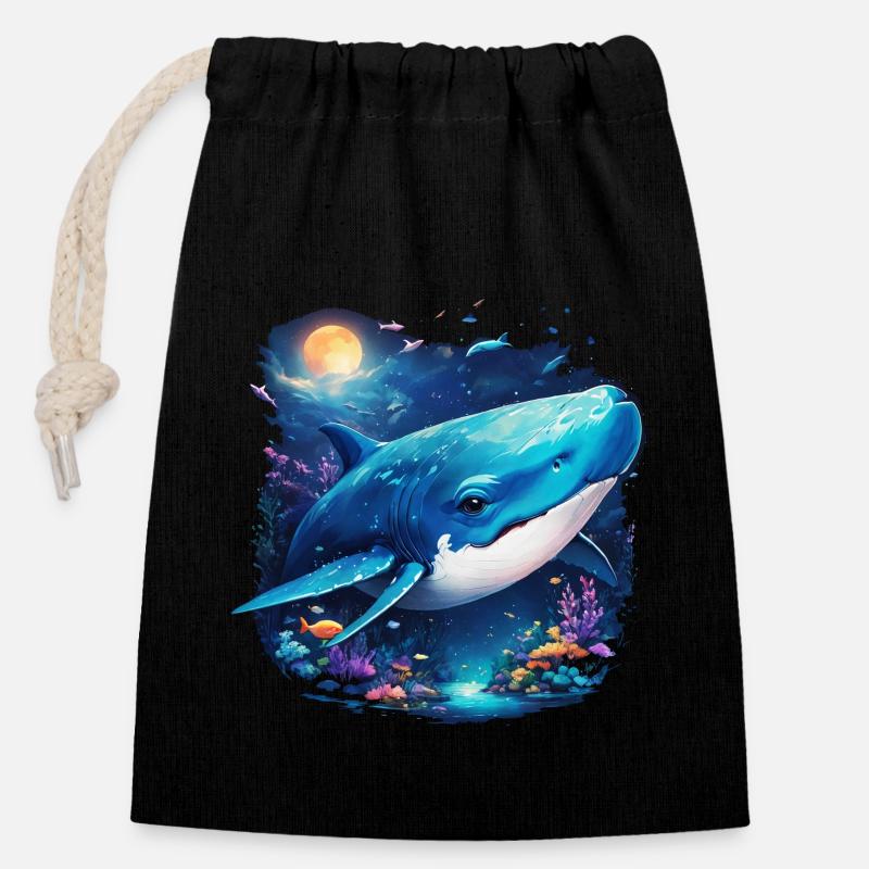 Baleine bleue - Sac cadeau en coton avec cordon (14 x 20 cm) - noir
