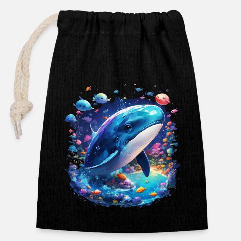 Baleine bleue - Sac cadeau en coton avec cordon (14 x 20 cm) - noir