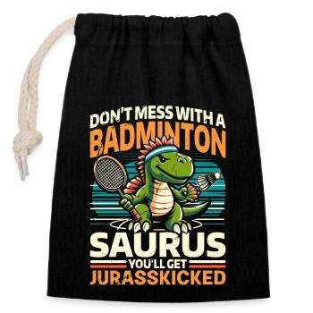 Funny Badminton Saurus – Enfants, Adolescents - Sac cadeau en coton avec cordon (14 x 20 cm) - noir - Devant