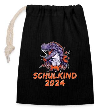 Schulkind 2024 T Rex - Verschließbarer Geschenkbeutel aus Baumwolle (14x20cm) - Schwarz - Vorne