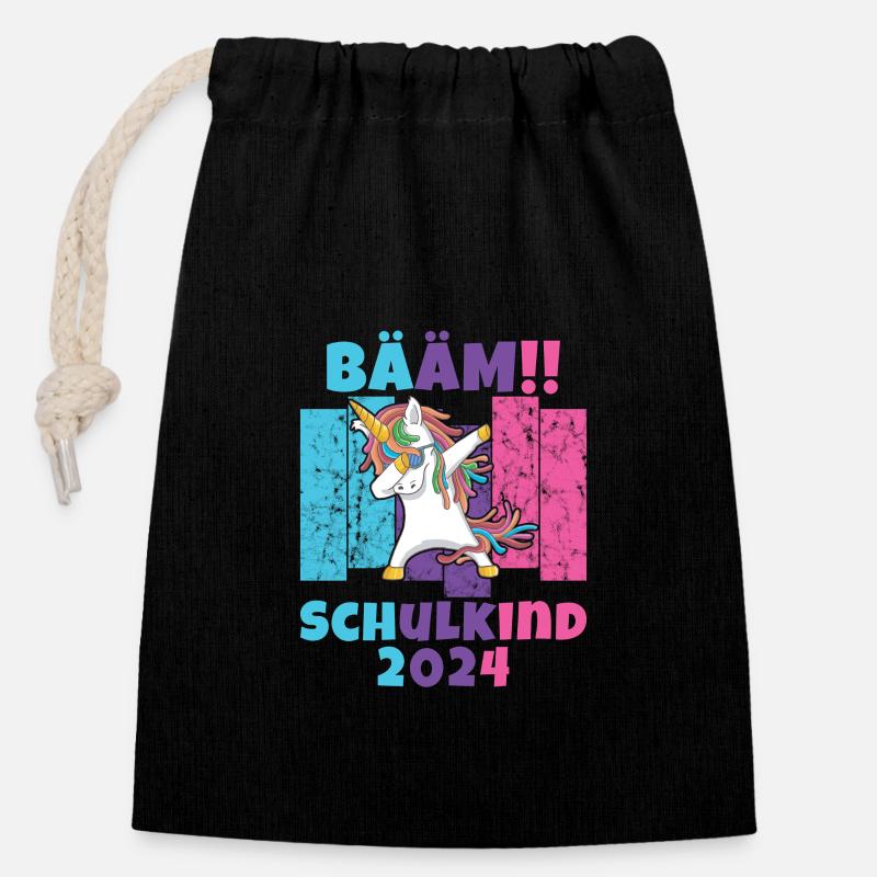 Bääm Schulkind 2024 Einhorn - Verschließbarer Geschenkbeutel aus Baumwolle (14x20cm) - Schwarz