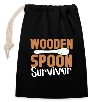 Italienische Erziehung Holzlöffel Spoon Survivor - Verschließbarer Geschenkbeutel aus Baumwolle (14x20cm) - Schwarz - Vorne