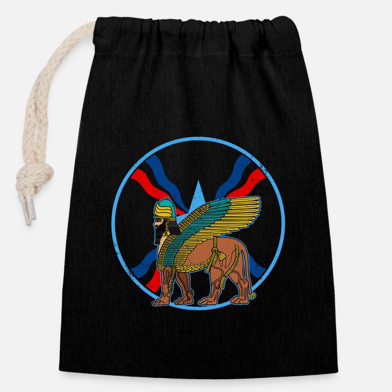 Antique divinité Lamassu mythologie Babylone Sumer - Sac cadeau en coton avec cordon (14 x 20 cm) - noir