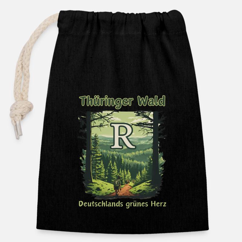 Thuringe-Le cœur vert de l’Allemagne-Rennsteig - Sac cadeau en coton avec cordon (14 x 20 cm) - noir