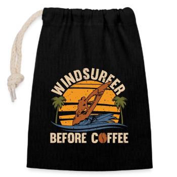 Windsurfer Before Coffee Surfing Coffee Lover - Verschließbarer Geschenkbeutel aus Baumwolle (14x20cm) - Schwarz - Vorne