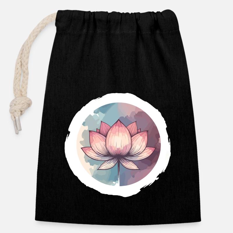 Fleur de Lotus dessinée - Sac cadeau en coton avec cordon (14 x 20 cm) - noir