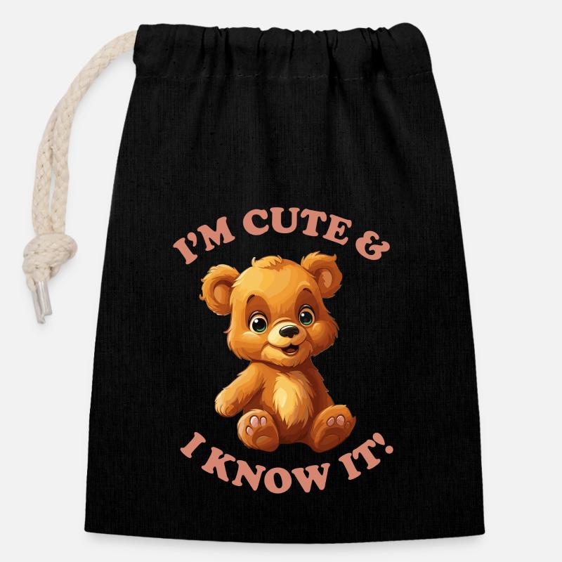I'M CUTE & I KNOW IT! - Verschließbarer Geschenkbeutel aus Baumwolle (14x20cm) - Schwarz