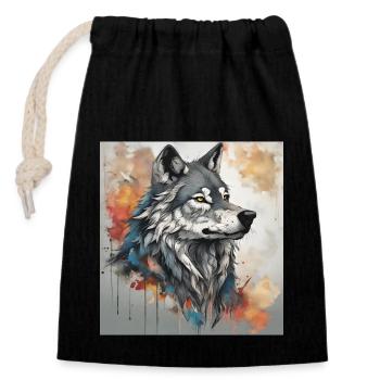 Wolf mit Farbflecken Hintergrund. - Verschließbarer Geschenkbeutel aus Baumwolle (14x20cm) - Schwarz - Vorne