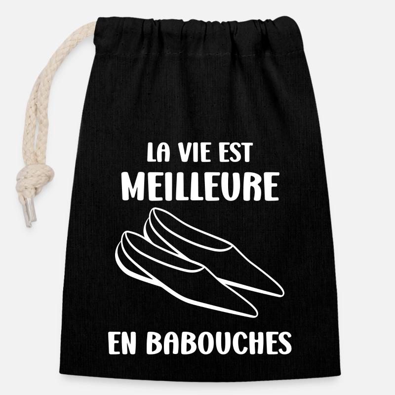 Humour babouches - Sac cadeau en coton avec cordon (14 x 20 cm) - noir