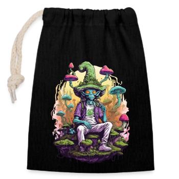 Alien Psychedelic Art Forest Mushrooms Music - Closable cotton gift bag (14x20cm) - black - Front